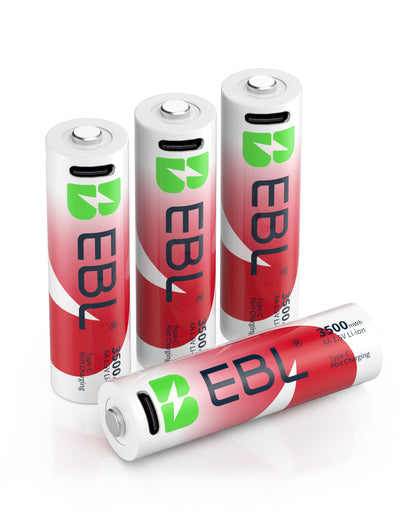 EBL 4pcs 1-Pack 1.5V AA 3500mAh Rechargeable Li-Ion Lithium Ion Battery USB-C Charging Port