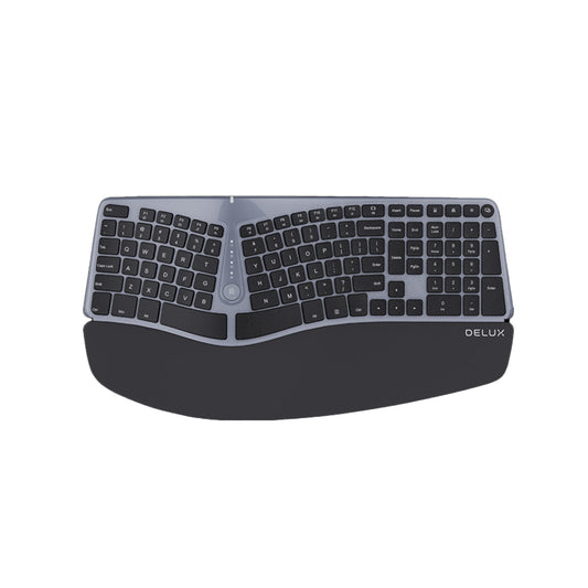 Delux GM901D Wireless Bluetooth Ergonomic Split Membrane Keyboard 2.4G with Built-in Pillowed Palm Rest, No Backlit, 107 Keys, Curved Keyframe, USB Receiver, and Multi-media Control for Windows, Mac, Android