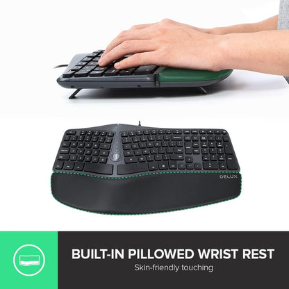 [CLEARANCE] Delux GM901U Wired 107 Keys Ergonomic Split Membrane Keyboard with Built-in Soft Palm Rest, No Backlit, Curved Keyframe, 2 USB Hubs, and 8 million Key Lifetime for Windows and macOS