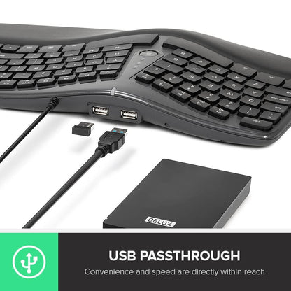 [CLEARANCE] Delux GM901U Wired 107 Keys Ergonomic Split Membrane Keyboard with Built-in Soft Palm Rest, No Backlit, Curved Keyframe, 2 USB Hubs, and 8 million Key Lifetime for Windows and macOS