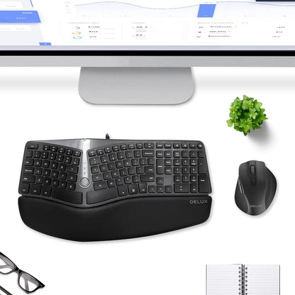 [CLEARANCE] Delux GM901U Wired 107 Keys Ergonomic Split Membrane Keyboard with Built-in Soft Palm Rest, No Backlit, Curved Keyframe, 2 USB Hubs, and 8 million Key Lifetime for Windows and macOS