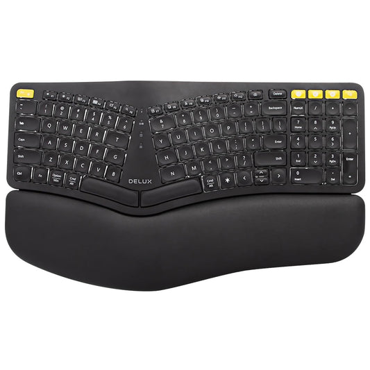 Delux GM902PRO A Wireless Bluetooth Ergonomic Split Keyboard 2.4G Rechargeable with Leather Palm Rest, 101 US Layout Keys, USB Nano Receiver, White Backlight, 5 Outstanding Yellow Keys, 1.5m Type C Cable for Windows and macOS