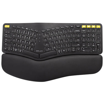 [CLEARANCE] Delux GM902PRO A Wireless Bluetooth Ergonomic Split Keyboard 2.4G Rechargeable with Leather Palm Rest, 101 US Layout Keys, USB Nano Receiver, White Backlight, 5 Outstanding Yellow Keys, 1.5m Type C Cable for Windows and macOS