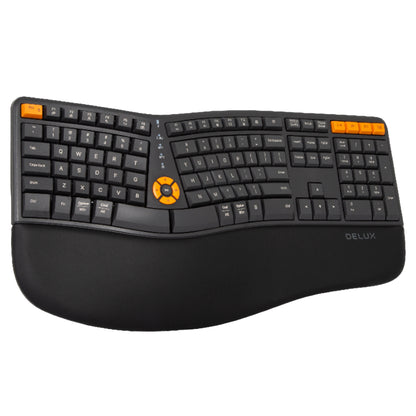 Delux GM905DB Wireless Bluetooth Ergonomic Split Membrane Keyboard 2.4G with Palm Rest, No Backlit, 10 Outstanding Yellow Keys, 112 Keys + 5 Vol, Screen Light Keys for Windows, Mac, Android