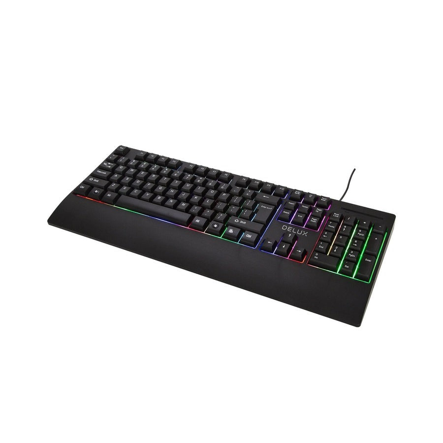 Delux K9852U 104 Key USB Wired Membrane Keyboard with RGB Backlighting and Integrated Wrist Pad for PC and Laptop Computers