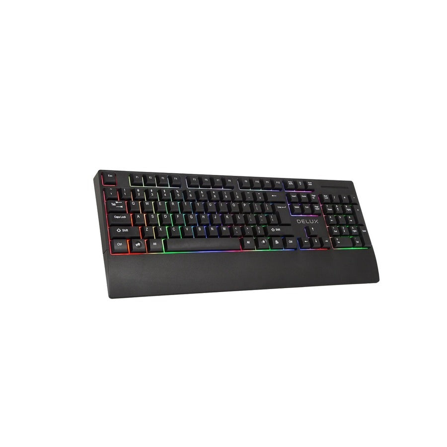 Delux K9852U 104 Key USB Wired Membrane Keyboard with RGB Backlighting and Integrated Wrist Pad for PC and Laptop Computers