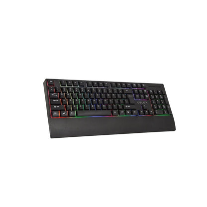 Delux K9852U 104 Key USB Wired Membrane Keyboard with RGB Backlighting and Integrated Wrist Pad for PC and Laptop Computers