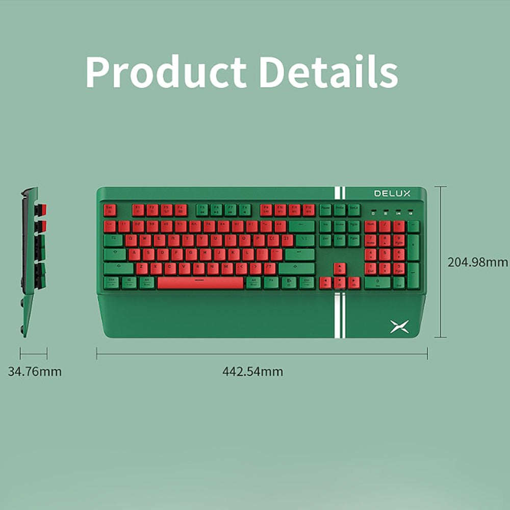 Delux KM17DB Wireless Bluetooth Mechanical Gaming Keyboard RGB Backlit Rechargeable with Detachable Palm Rest, 104 Standard Keys, Gateron Yellow Pro Switch, Hot Swappable Keys, PBT Keycaps, and 1pc Metal Switch Puller (Red & Green)
