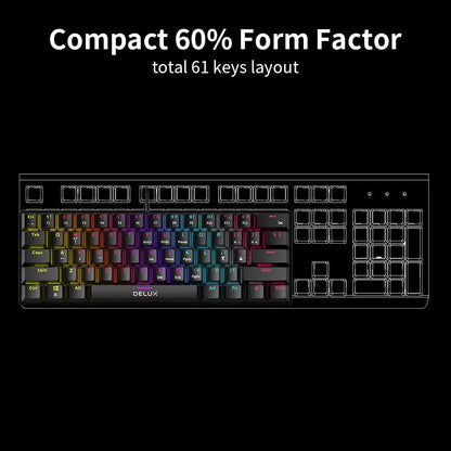[CLEARANCE] Delux KM36 Wired Mechanical Gaming Keyboard with Outemu Red Linear Switch, 61 Keys 60% Compact Layout, Rainbow Backlit LED Light, and USB A to Type C Cable for PC, Laptop, Notebook, Desktop Computer | BLACK ORANGE