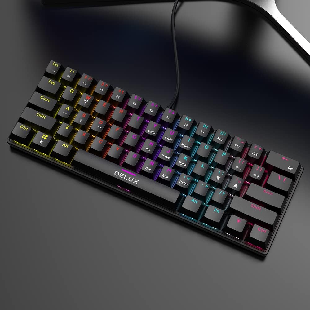 Delux KM36 Wired Mechanical Gaming Keyboard with Outemu Blue Clicky or Red Linear Switch, 61 Keys 60% Compact Layout, Rainbow Backlit LED Light, and USB A to Type C Cable for PC, Laptop, Notebook, Desktop Computer