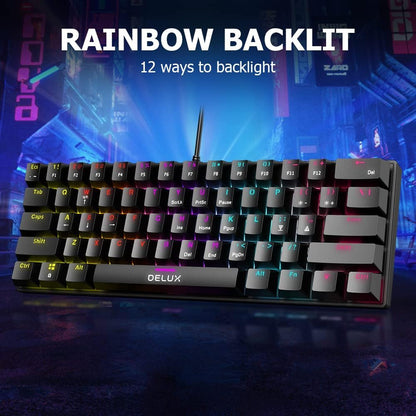 [CLEARANCE] Delux KM36 Wired Mechanical Gaming Keyboard with Outemu Red Linear Switch, 61 Keys 60% Compact Layout, Rainbow Backlit LED Light, and USB A to Type C Cable for PC, Laptop, Notebook, Desktop Computer | BLACK ORANGE