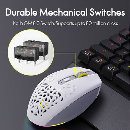 Delux M820DC Wired / Wireless Bluetooth Light Gaming Tri-Mode Mouse 2.4GHz RGB with 16000 DPI, 1pc Top Cover with/without Holes, 6 Programmable Buttons, Rechargeable PAW3335 (White Gray)