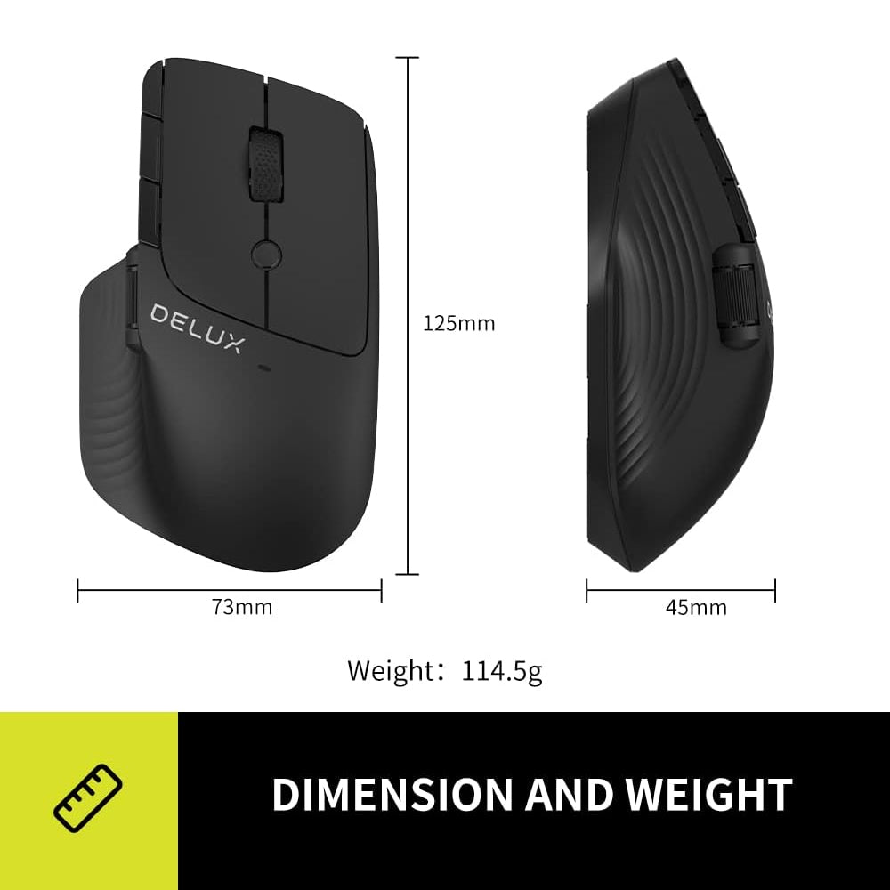 Delux M913DB Wired / Wireless Bluetooth Optical Ergonomic Mouse 2.4GHz with 4000 DPI, 6 Buttons + 1 Side Scroll, USB Interface, and Type C Cable Rechargeable for Windows 7/8/10