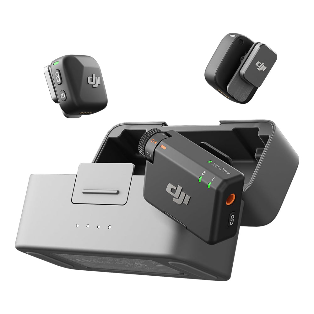 DJI Mic Mini 2-Person (Dual TX + RX) Compact 2.4Ghz Wireless Omnidirectional Microphone System and 1920mAh Charging Case with Bluetooth 5.3, 2 Level Noise Cancelling, Max 400m / 1312ft Operating Range and Mimo App Support