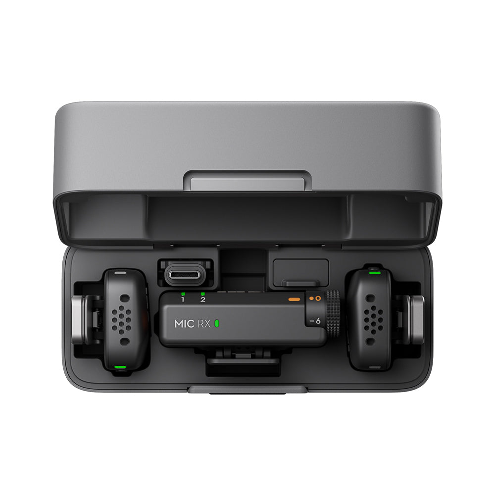 DJI Mic Mini 2-Person (Dual TX + RX) Compact 2.4Ghz Wireless Omnidirectional Microphone System and 1920mAh Charging Case with Bluetooth 5.3, 2 Level Noise Cancelling, Max 400m / 1312ft Operating Range and Mimo App Support