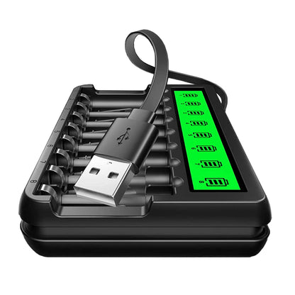 EBL FY-819 Two-Way 8 Bay Smart LCD Fast Charger for AA / AAA NiMH Rechargeable Batteries with Individual Slot, Built-in USB and Micro USB, Indicator Lights, and Intelligent Battery Detection