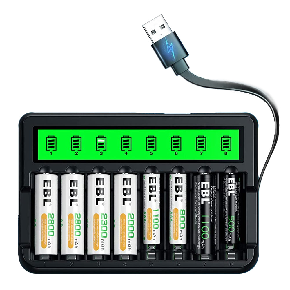 EBL FY-819 Two-Way 8 Bay Smart LCD Fast Charger for AA / AAA NiMH Rechargeable Batteries with Individual Slot, Built-in USB and Micro USB, Indicator Lights, and Intelligent Battery Detection