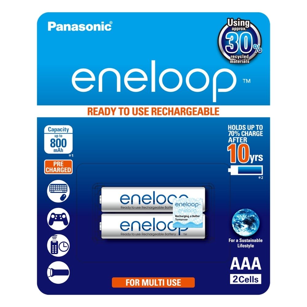 Panasonic Eneloop White 800mAh 1.2 V Rechargeable Battery AAA Pack of 2 | BK-4MCCE/2BT
