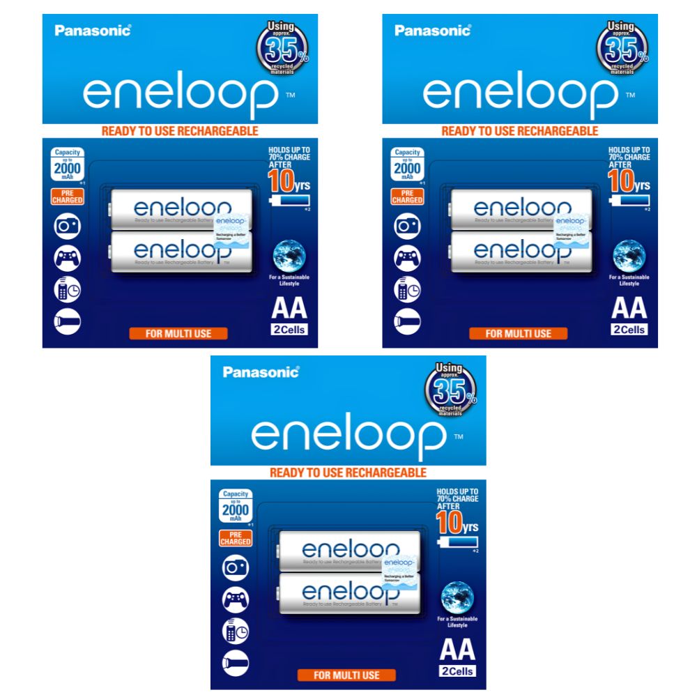 Panasonic Eneloop BK 3MCCE 2BT AA Rechargeable Battery Pack of 2 (White) x3