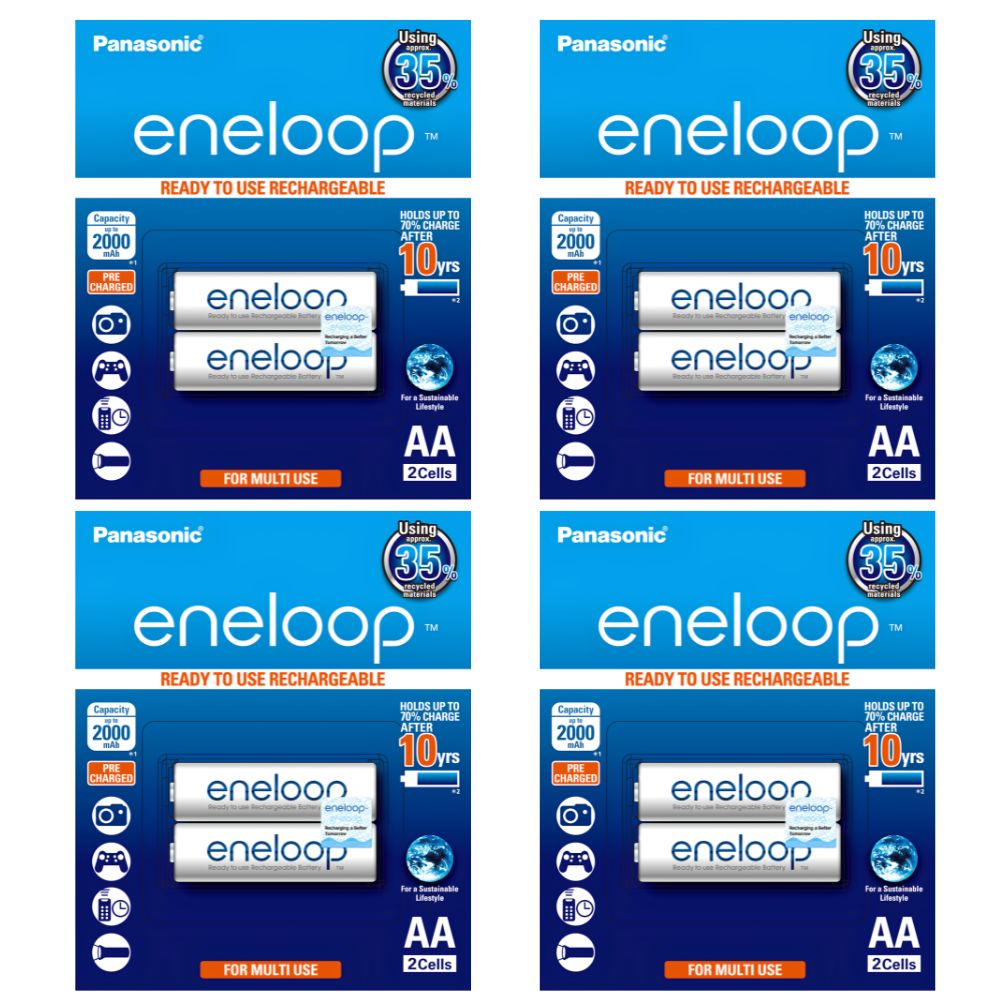 Panasonic Eneloop BK 3MCCE 2BT AA Rechargeable Battery Pack of 2 (White) x4