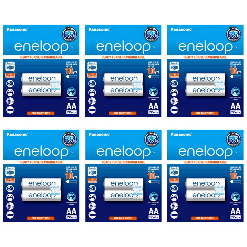 Panasonic Eneloop BK 3MCCE 2BT AA Rechargeable Battery Pack of 2 (White) x6