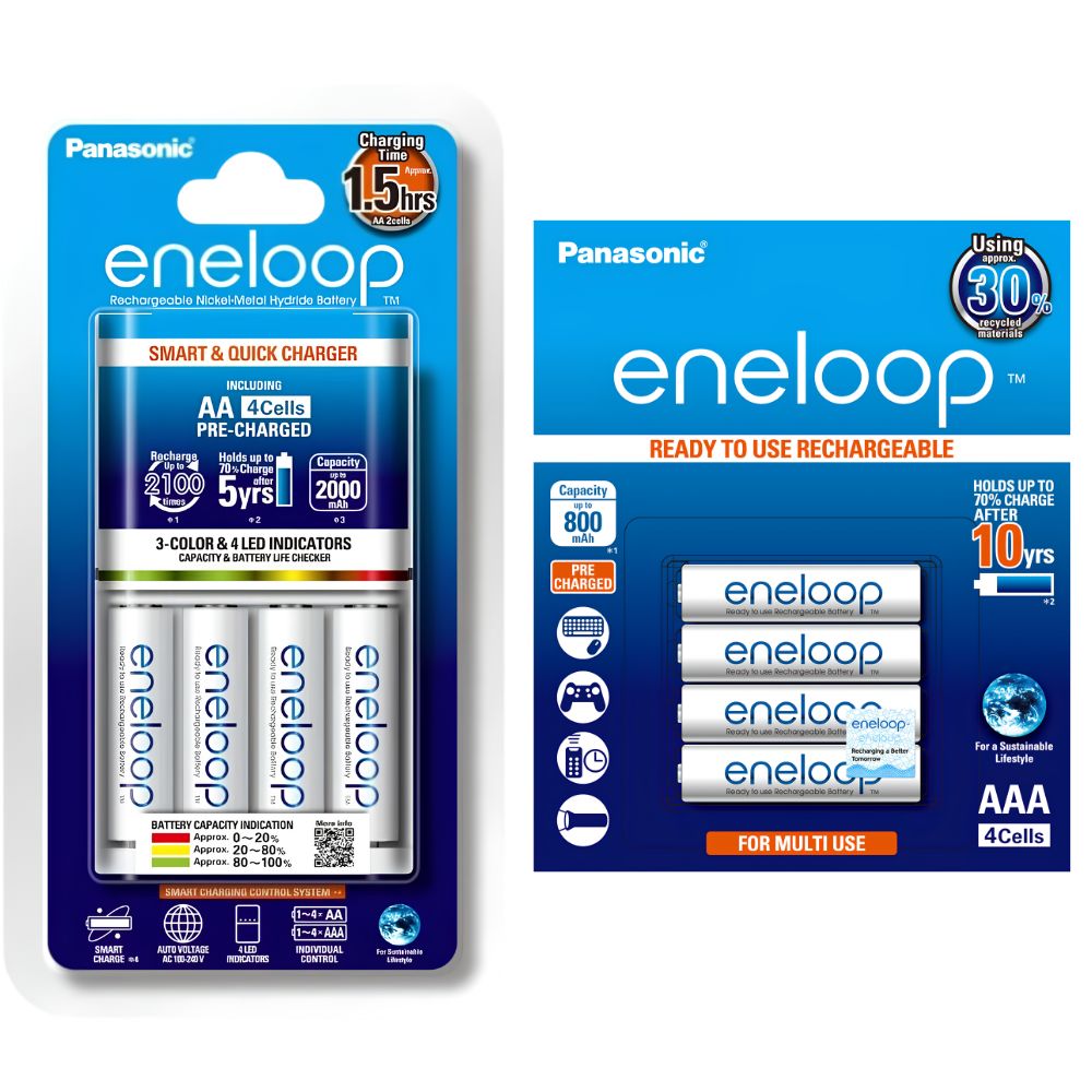 Panasonic Eneloop Smart & Quick charger K-KJ55MC40T2 AA with 3-color LED Bundled with Eneloop AAA (White)