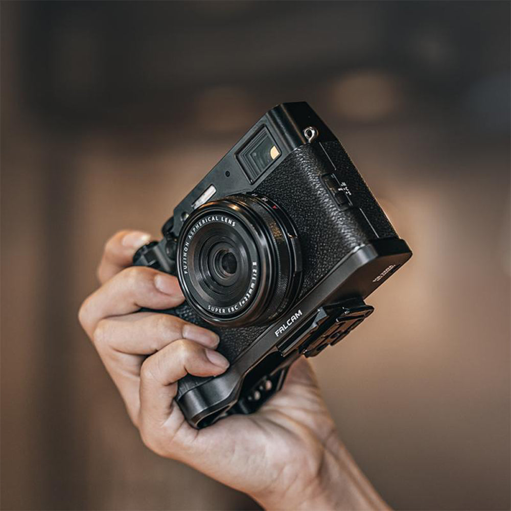 Falcam Quick Release L Shaped Handle Grip Aluminum Alloy for FUJIFILM X100 VI Mirrorless Camera w/ Molded Micarta Grip, Non Slip Pads, 1/4"-20 Threads, F22 F38 QR Interface Mounts, and Shoulder / Wrist Strap Slot | Black, Silver