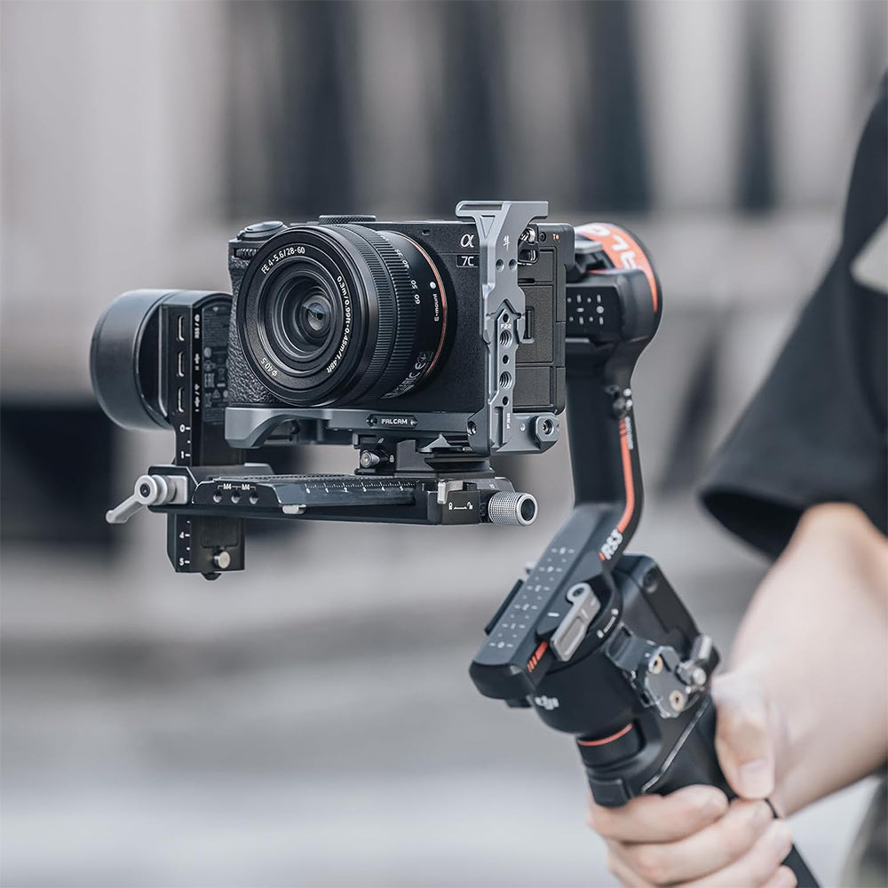 Falcam Quick Release Formfitting Camera Cage L-Bracket Bottom Plate Aluminum Alloy for Sony Alpha A7 A7S A7R A7C II A6700 and FX3 FX30 Mirrorless Cameras F22 F38 F50 QR Interface Mounts, Cold Shoe Mount, 1/4"-20 Threads & Wrist Strap Slots