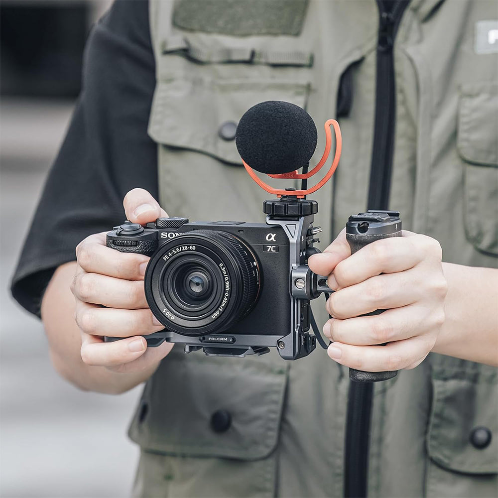 Falcam Quick Release Formfitting Camera Cage L-Bracket Bottom Plate Aluminum Alloy for Sony Alpha A7 A7S A7R A7C II A6700 and FX3 FX30 Mirrorless Cameras F22 F38 F50 QR Interface Mounts, Cold Shoe Mount, 1/4"-20 Threads & Wrist Strap Slots