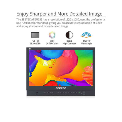 Feelworld SEETEC Full HD 15.6" Live Streaming Broadcast IPS LCD Monitor 1920 x 1080 with Multiview Display, 4-In/Out 4K HDMI, Multiple Shooting Functions and VESA Mount for Live Streaming & Broadcasting Production |  ATEM156