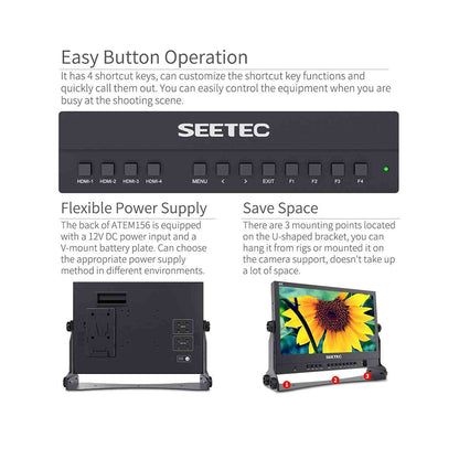 Feelworld SEETEC Full HD 15.6" Live Streaming Broadcast IPS LCD Monitor 1920 x 1080 with Multiview Display, 4-In/Out 4K HDMI, Multiple Shooting Functions and VESA Mount for Live Streaming & Broadcasting Production |  ATEM156