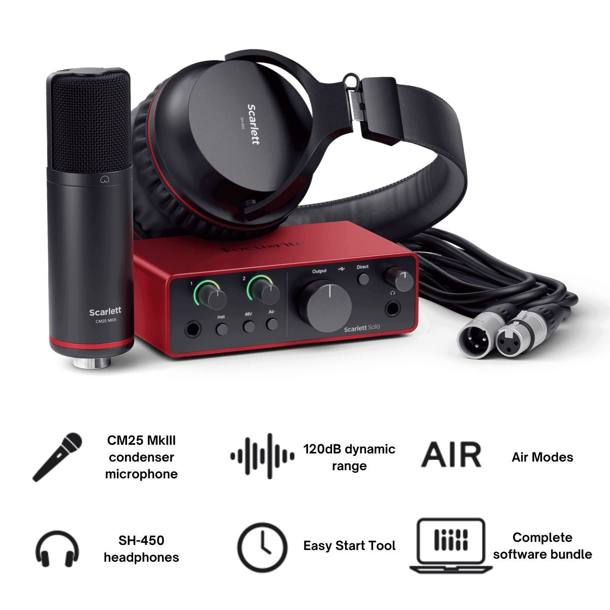 Focusrite Scarlett Solo Studio 4th Gen / 3rd Gen USB Audio Interface with Microphone & Monitor Headphone for Simultaneous Vocals & Guitar Recording