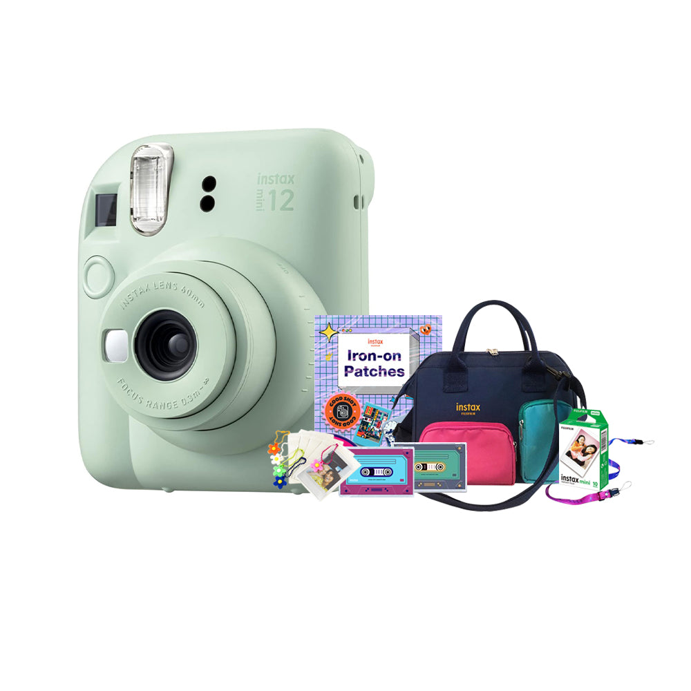 Fujifilm Instax Mini 12 CITY POP Edition Package Instant Camera Bundle Pack with Mini Glossy Film 10s, Water-Repellent Sling Bag, Iron-on Patch, Camera Strap, Film Cassette Case, Film Keychain