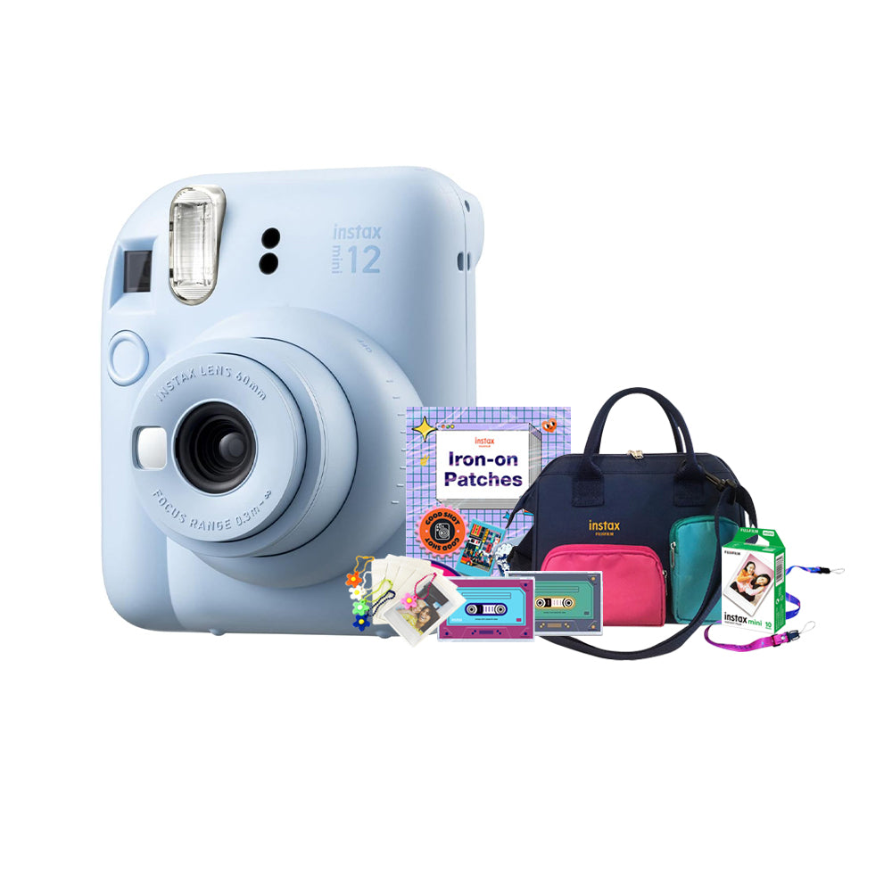 Fujifilm Instax Mini 12 CITY POP Edition Package Instant Camera Bundle Pack with Mini Glossy Film 10s, Water-Repellent Sling Bag, Iron-on Patch, Camera Strap, Film Cassette Case, Film Keychain