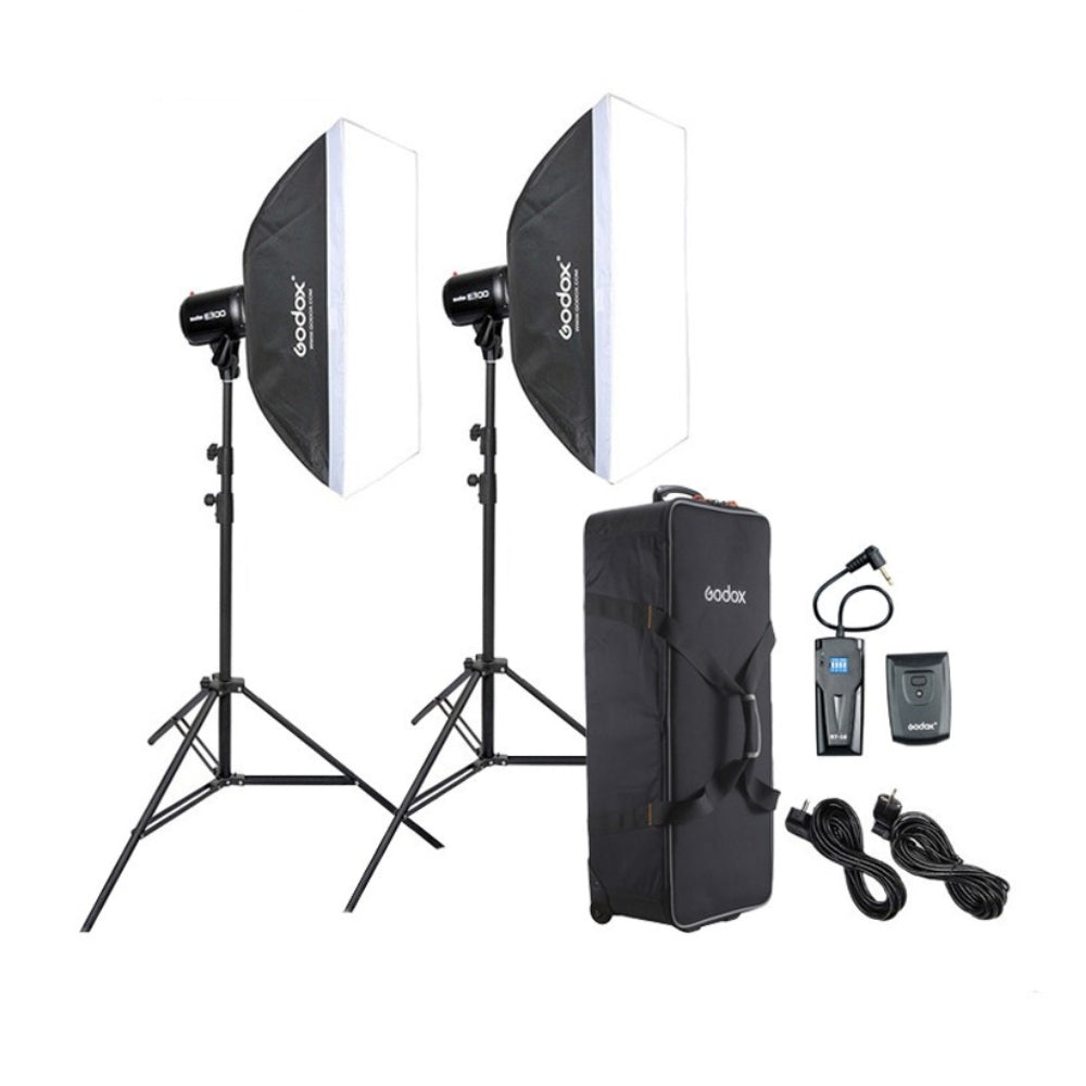 Godox E300 Kit Studio Photography Strobe Set with 300W Flash Heads, Light Stands, 60x60 cm Softbox, Wireless Trigger, Carry Bag with Wheels