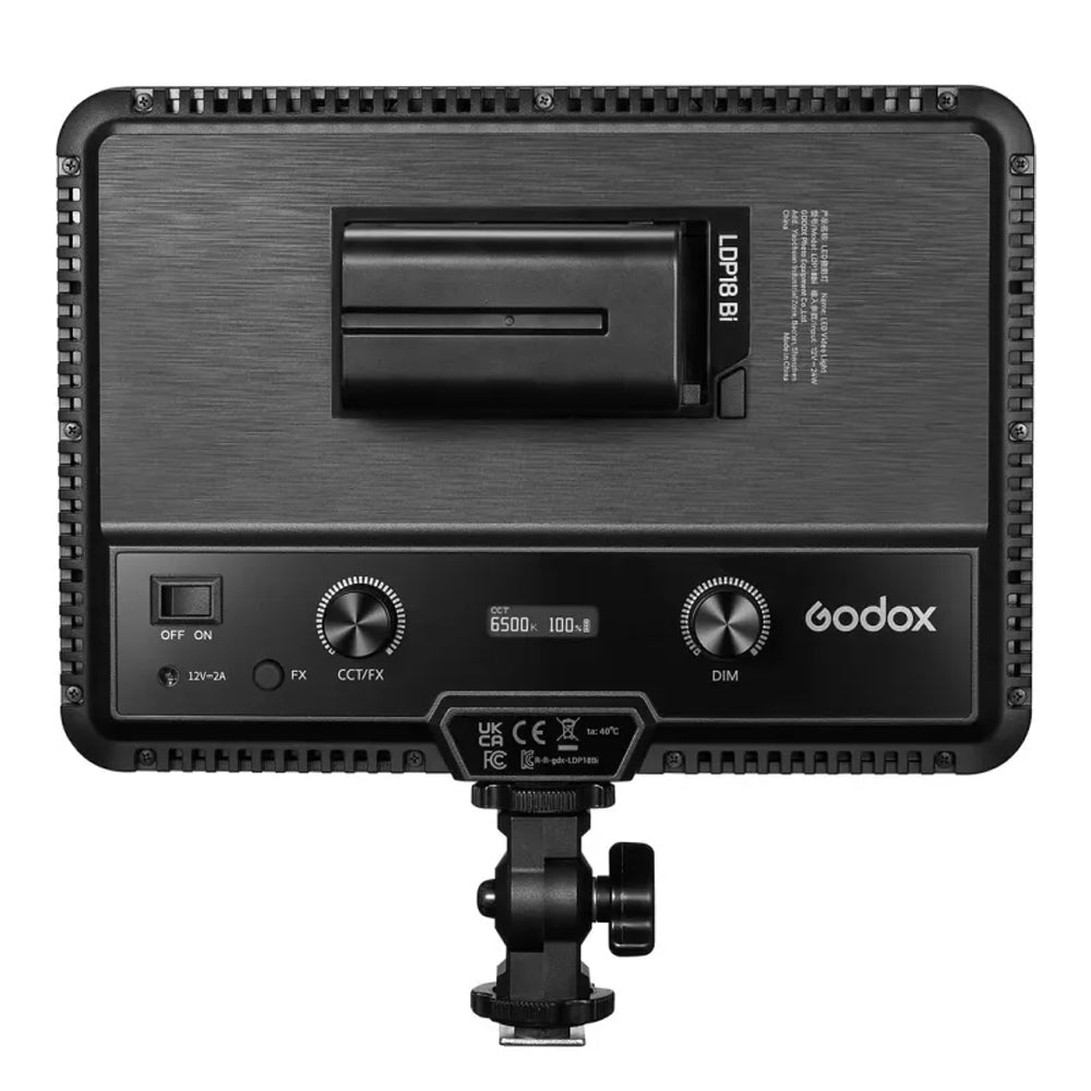 Godox LDP18BI Bi-Color / LDP18D Daylight LED Video Light Panel 5600K / 2800-6500K 12V 22W (8.3 x 5.9") with 8 - 11 FX Effects, Adjustable Cold Shoe Mount, DC / NP-F Battery Power Supply (Battery Sold Separately)