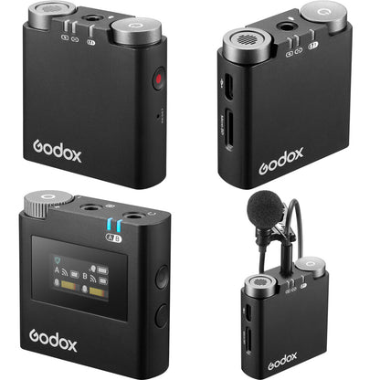 Godox Virso M2 Double Omnidirectional Wireless Dual-Channel Lavalier Microphone System with Belt Clip Mounts, 3.5mm TRS AUX and USB-C Ports, and up to 200m Max Range and 17H Max Battery