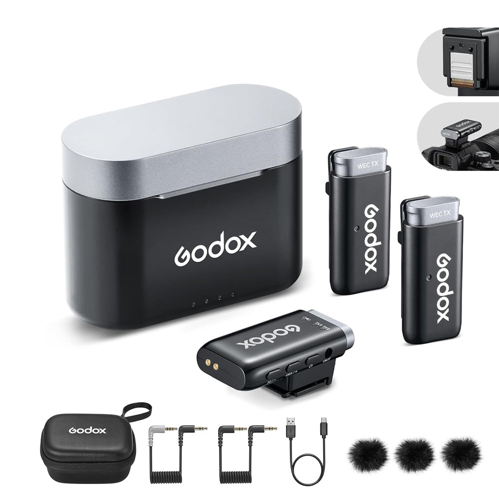 Godox WEC-S 2-Person Wireless Mic (2TX + 1RX) with Multi-Interface Shoe for Sony Cameras, Charging Case, Digital & Analog Audio Mode, Built-In Microphone On Receiver, Clip-On Transmitters, 8+21 Hours Battery Life for Vlogging & Streaming