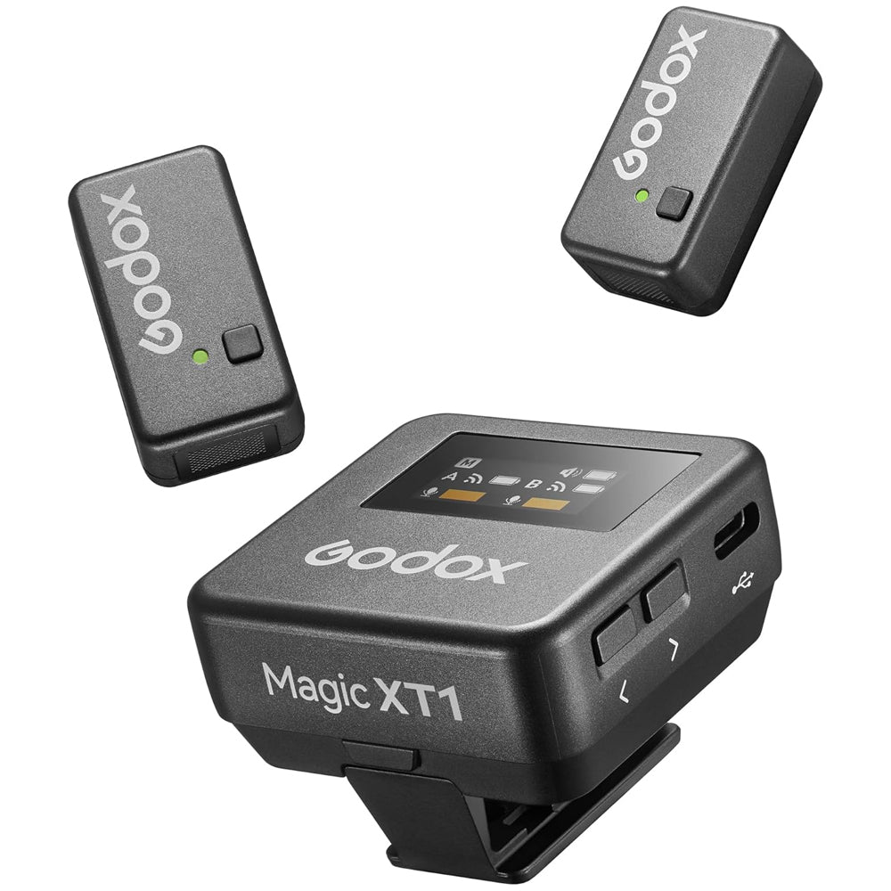 Godox Magic XT1 2 Person Dual TX + RX 2-Channel Wireless Omnidirectional Microphone System 3.5mm TRS / USB Type-C Ports with 200m Max Wireless Range, 680mAh RX Charging Case Max 16hrs Battery Life and OLED Touchscreen and Onboard Controls