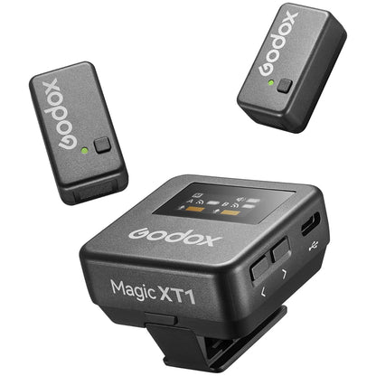 Godox Magic XT1 2 Person Dual TX + RX 2-Channel Wireless Omnidirectiol Microphone System 3.5mm TRS / USB Type-C Ports with 200m Max Wireless Range, 680mAh RX Charging Case Max 16hrs Battery Life and OLED Touchscreen and Onboard Controls