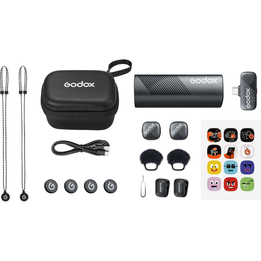 Godox Cube-S Kit 2 2-Person (2 TX + RX) 2.4GHz Wireless Lavalier Microphone System Bundle Set with Dual Channel Receiver and 850mAh Charging Case, Noise Reduction, Max 300m Operational Range and Godox Mic App Support | USB-C, L Type | JG Superstore