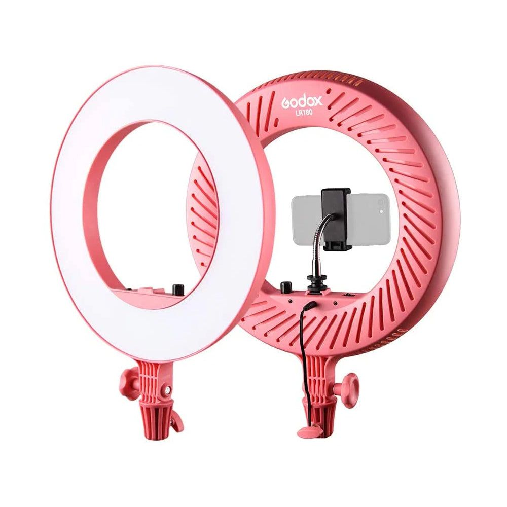 Godox LR180 14-inch Daylight LED Ring Light with Phone Holder for Vlogging, Content Creation, and Live Selling | Black / Pink