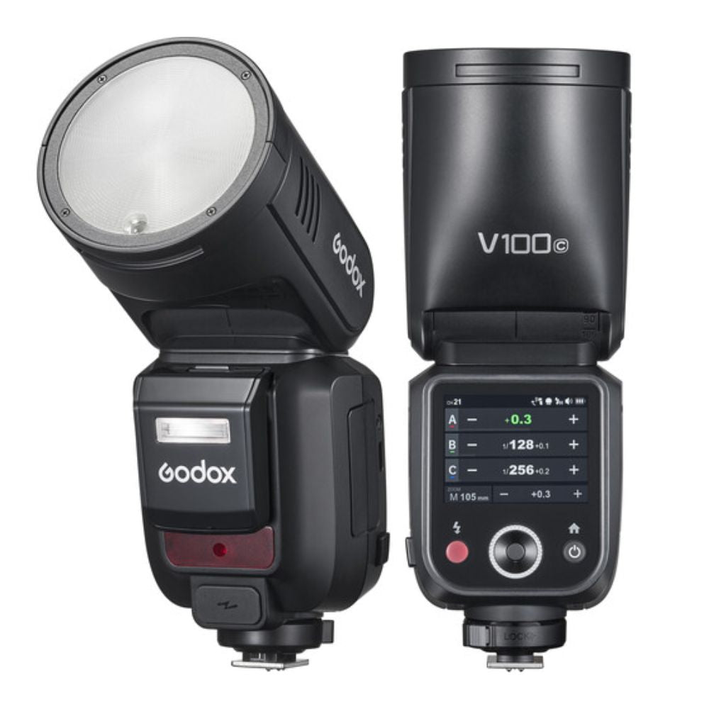 Godox V100 Series Round Head Camera Flash, Auto Zoom Control with 28-105mm Range, -7 to 120° Tilt / 330° Rotation, Advanced Cooling System, Built-In LED Touch Screen Controls for Professiol Photography and Studio Lighting Equipment
