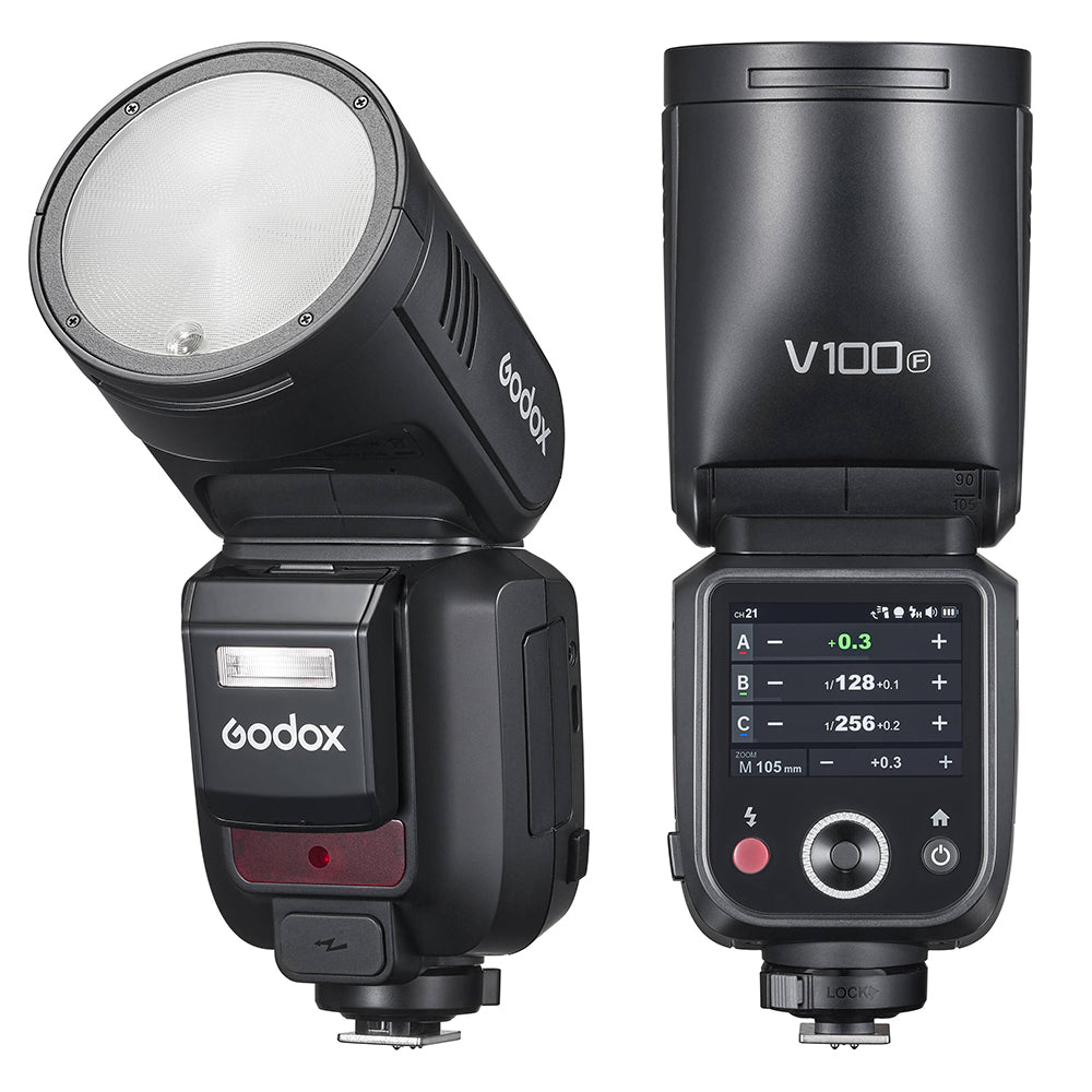 Godox V100 Series Round Head Camera Flash, Auto Zoom Control with 28-105mm Range, -7 to 120° Tilt / 330° Rotation, Advanced Cooling System, Built-In LED Touch Screen Controls for Professiol Photography and Studio Lighting Equipment