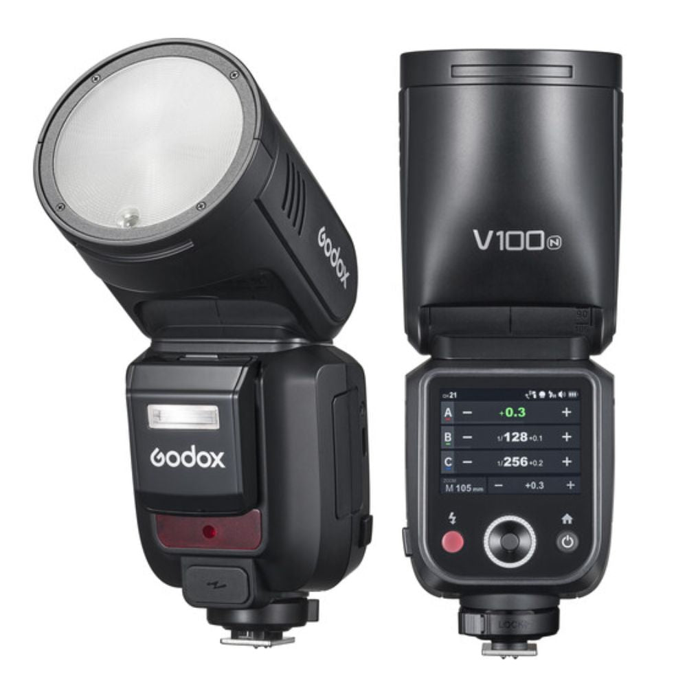 Godox V100 Series Round Head Camera Flash, Auto Zoom Control with 28-105mm Range, -7 to 120° Tilt / 330° Rotation, Advanced Cooling System, Built-In LED Touch Screen Controls for Professiol Photography and Studio Lighting Equipment