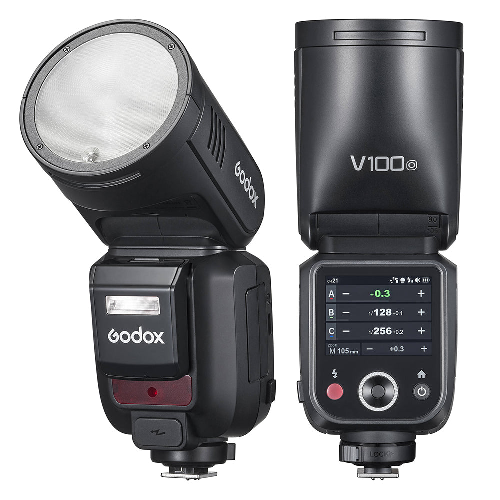 Godox V100 Series Round Head Camera Flash, Auto Zoom Control with 28-105mm Range, -7 to 120° Tilt / 330° Rotation, Advanced Cooling System, Built-In LED Touch Screen Controls for Professiol Photography and Studio Lighting Equipment