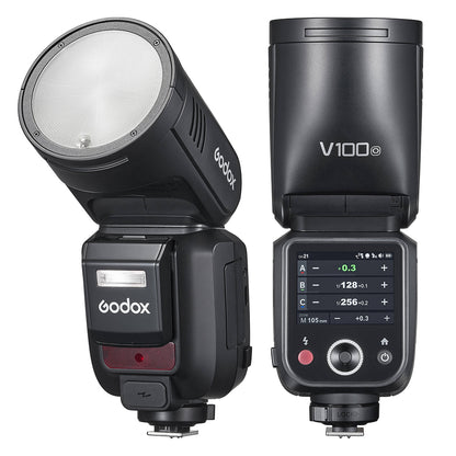 Godox V100 Series Round Head Camera Flash, Auto Zoom Control with 28-105mm Range, -7 to 120° Tilt / 330° Rotation, Advanced Cooling System, Built-In LED Touch Screen Controls for Professiol Photography and Studio Lighting Equipment