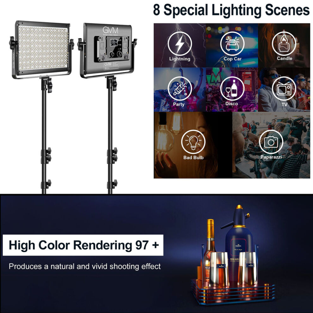 GVM 1000D RGB LED Light Panel 2-Light | 3-Light Kit Set with Onboard Controls, App Connect Bluetooth, 8 Lighting Effect Presets for Studio Photo Video Equipment