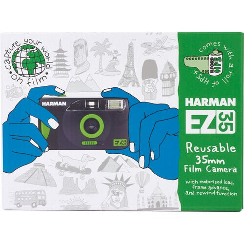 ILFORD Harman EZ-35 Motorized 35mm Reusable Analog Film Camera with ILFORD HP5+ 135 36 and Built-In Flash for Film Photography