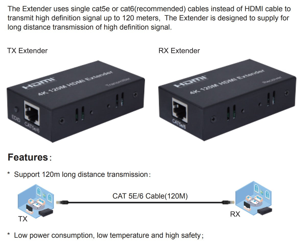 ArgoX 4K 60m / 100m / 120m HDMI Extender Transmitter Receiver with 3Gbps Data Rate, CAT5e/6, RJ45 Ethernet LAN Network Cable, Supports HDMI Out Downscaling | HDES60 HDES100 HDES120